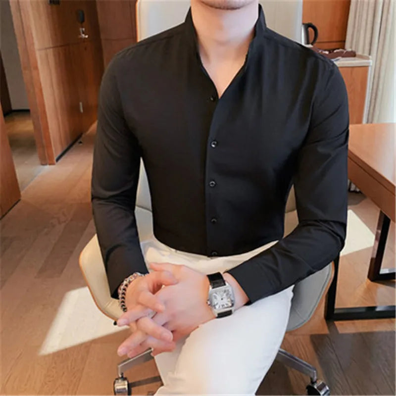 Phileas | Herren-Langarmhemd mit Stehkragen, schmale Passform, Hochzeits- und Businesshemd