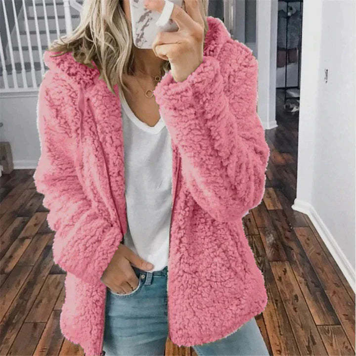 Novera | Manteau teddy chaud pour femme avec capuche – fermeture éclair intégrale, isolé, manteau d'hiver confortable