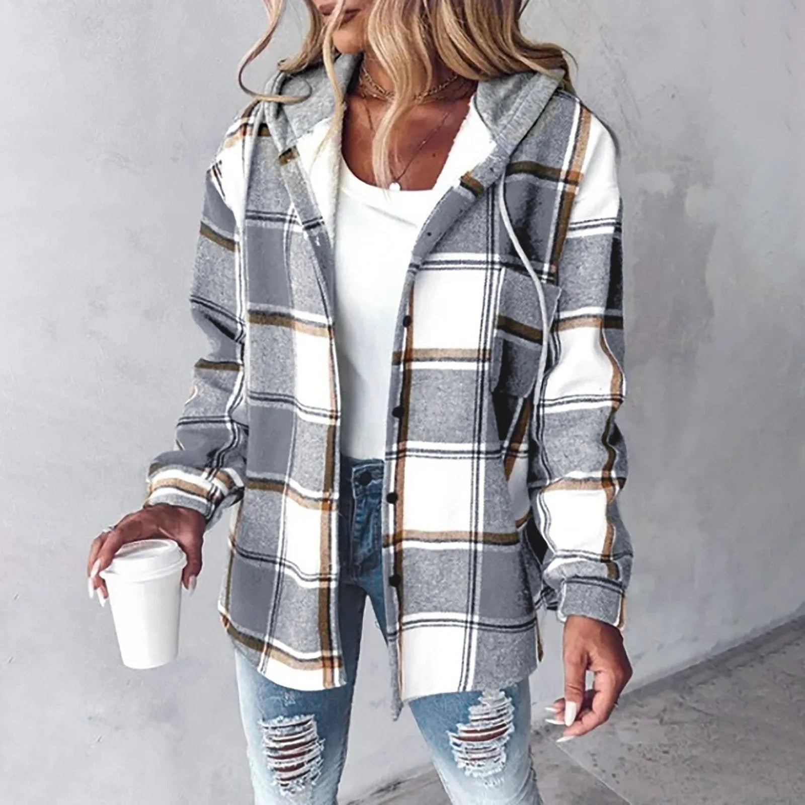 Quessirae | Manteau à capuche à carreaux colorés pour femme, manteau à carreaux décontracté, manteau d'hiver chaud