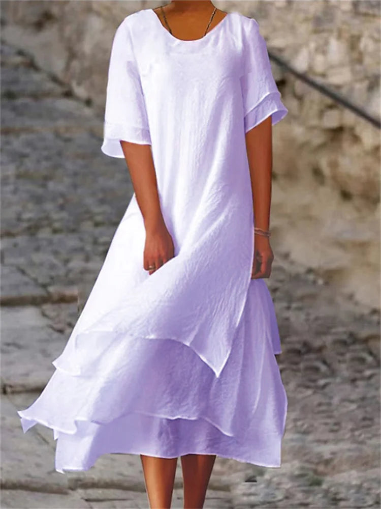 Ayri | Elegant Flow dubbellaagse midijurk – korte mouwen, ronde hals