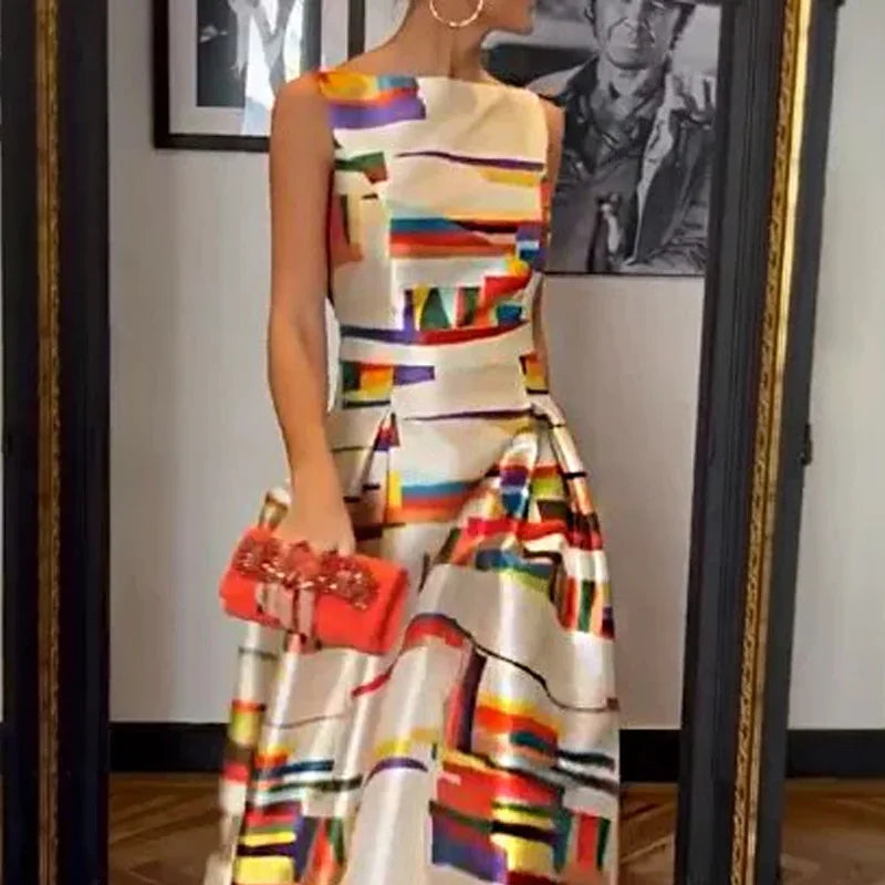 Aysel | Damesjurk met geometrische print – Elegante midi-avondjurk