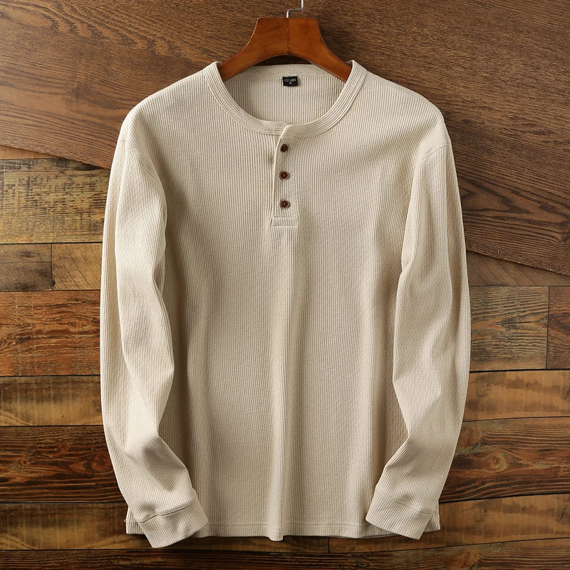 Aleksander | Herren-Henley-Shirt mit langen Ärmeln – Waffelstrick, hochwertige Baumwollmischung
