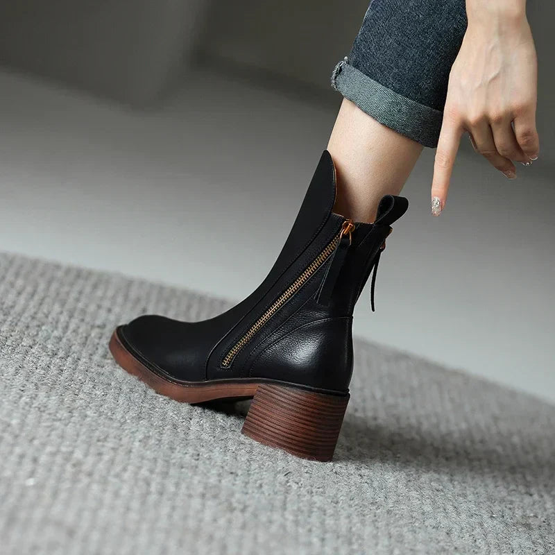 Zyella | Damen-Lederstiefel mit markantem Blockabsatz – seitlicher Reißverschluss, stilvolle, lässige und elegante Schuhe