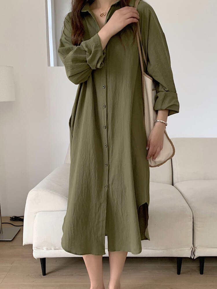 Glenoria | Glenoria | Dames linnen overhemdjurk – lange zomerjurk met knoopsluiting