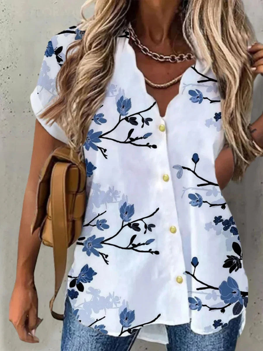 Qamira | Dames Bloemen Blouse met Knopen en Korte Mouwen – Casual Comfortabele