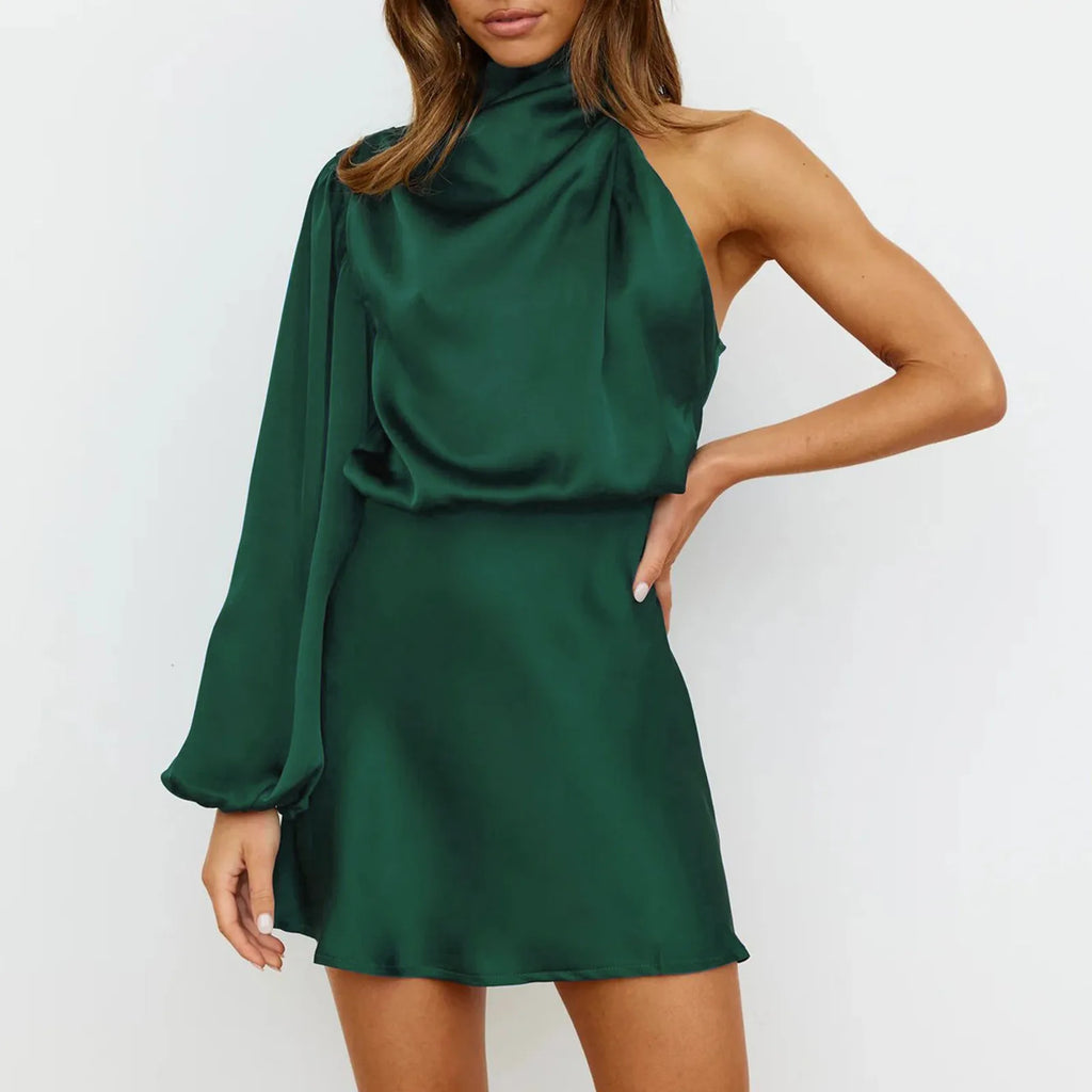 Elviera | Satijnen halterjurk – Elegante midi-jurk met asymmetrische mouwen voor dames