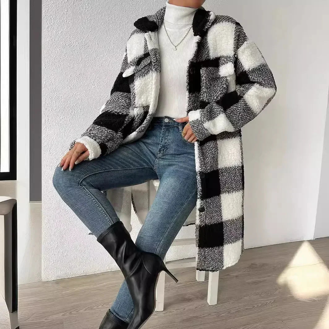Veronica | Manteau à carreaux pour femme – coupe oversize, fermeture boutonnée, manteau doux d'automne