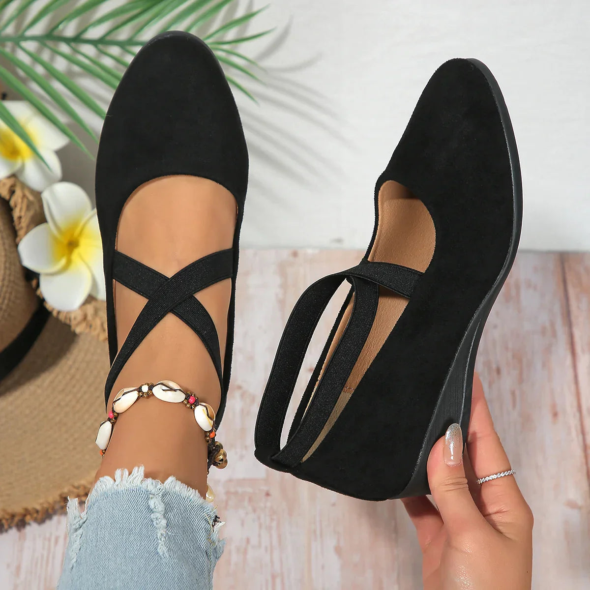 Eirene | Dames instappers met gekruiste band – Comfortabele gesloten ballerina’s met lage hak, nette schoenen