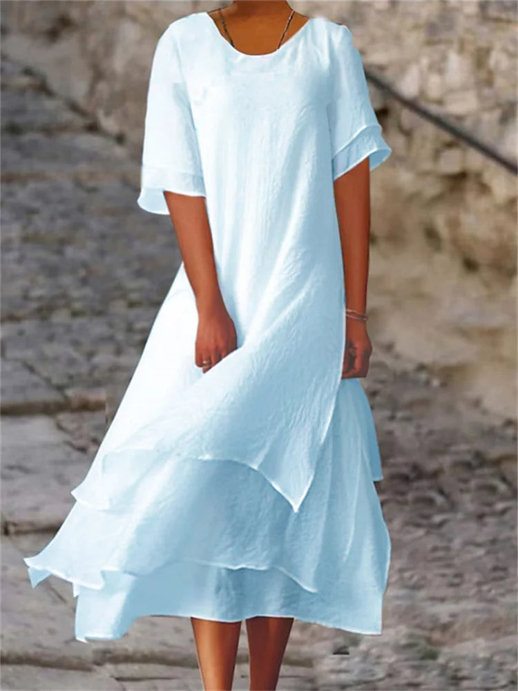 Ayri | Elegant Flow dubbellaagse midijurk – korte mouwen, ronde hals
