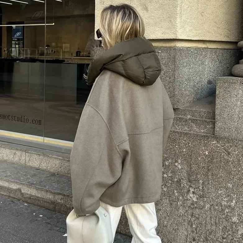 Avelle | Oversized-Kurzmantel für Damen mit warmer Kapuze, Wollmischung, lässiger Wintermantel