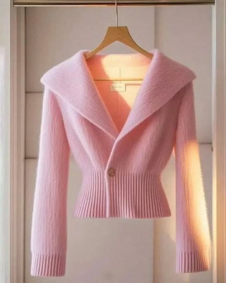 Dranica | Hellrosa Damen-Strickjacke mit Kragen – Weicher Strickpullover mit langen Ärmeln