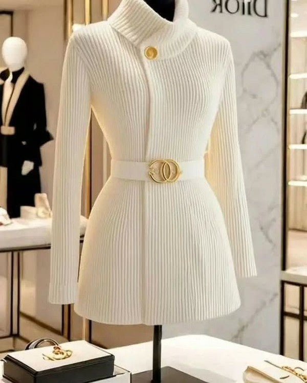 Alvaria | Wit gebreid vest met hoge kraag voor dames – zachte trui met lange mouwen om in laagjes te dragen