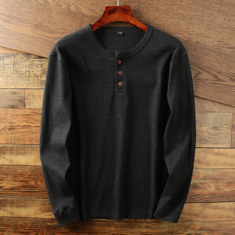 Aleksander | Herren-Henley-Shirt mit langen Ärmeln – Waffelstrick, hochwertige Baumwollmischung