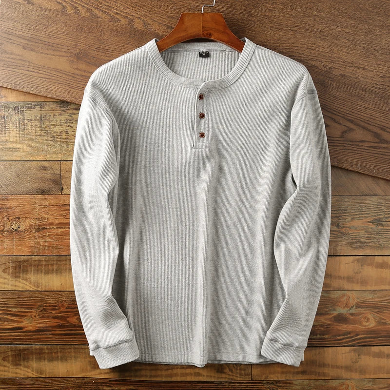 Aleksander | Herren-Henley-Shirt mit langen Ärmeln – Waffelstrick, hochwertige Baumwollmischung