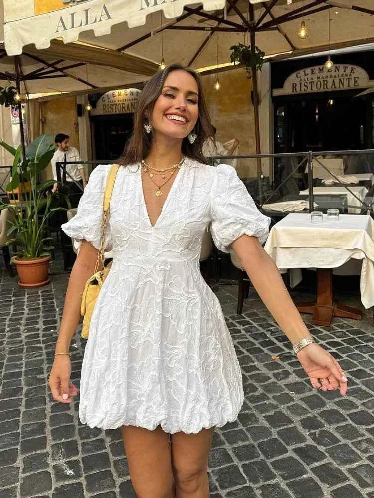 Vireza | Dames Romantische Zomerjurk met Bloemenprint, Pofmouwen & Samengeplooide Zoom