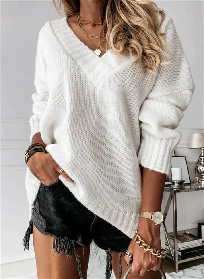Glacira | Stilvoller Grobstrickpullover für Damen – V-Ausschnitt, bequemer Winterpullover mit Rippbündchen