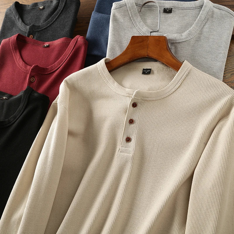 Aleksander | Herren-Henley-Shirt mit langen Ärmeln – Waffelstrick, hochwertige Baumwollmischung