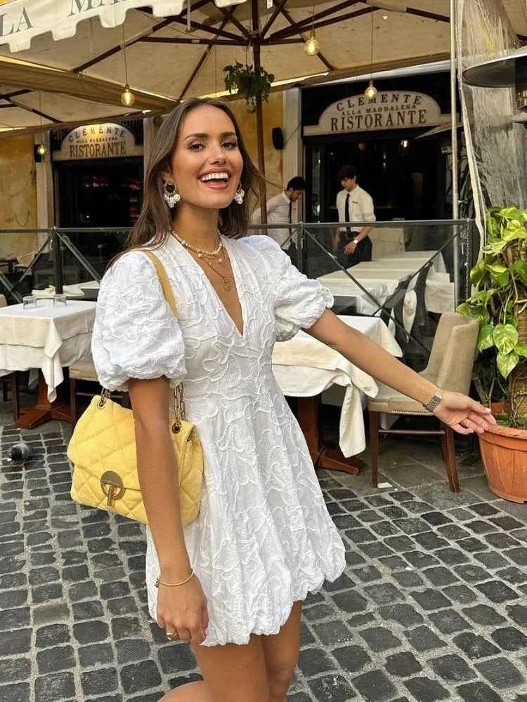 Vireza | Dames Romantische Zomerjurk met Bloemenprint, Pofmouwen & Samengeplooide Zoom