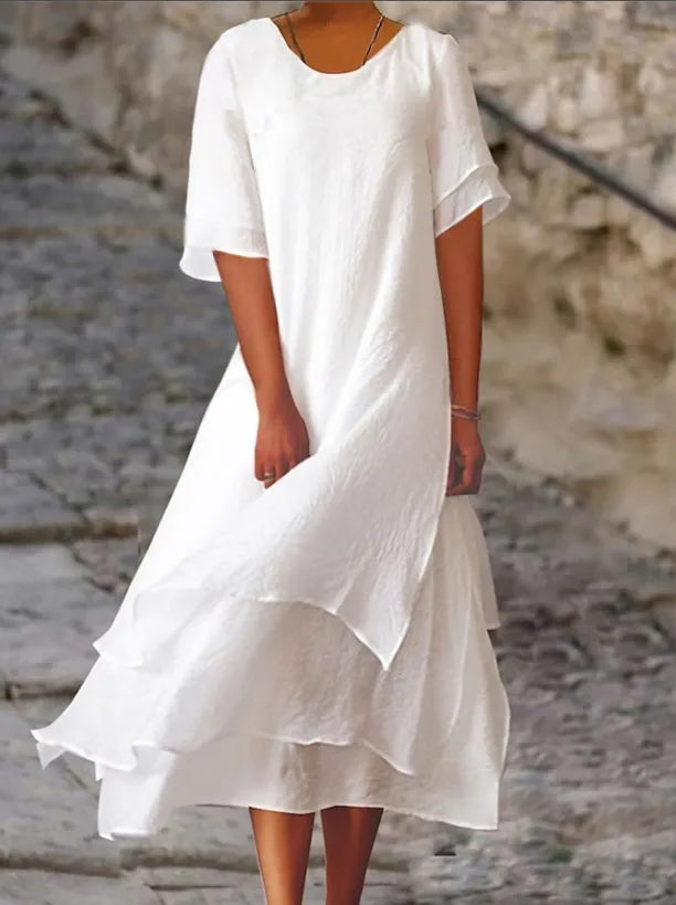 Ayri | Elegant Flow dubbellaagse midijurk – korte mouwen, ronde hals