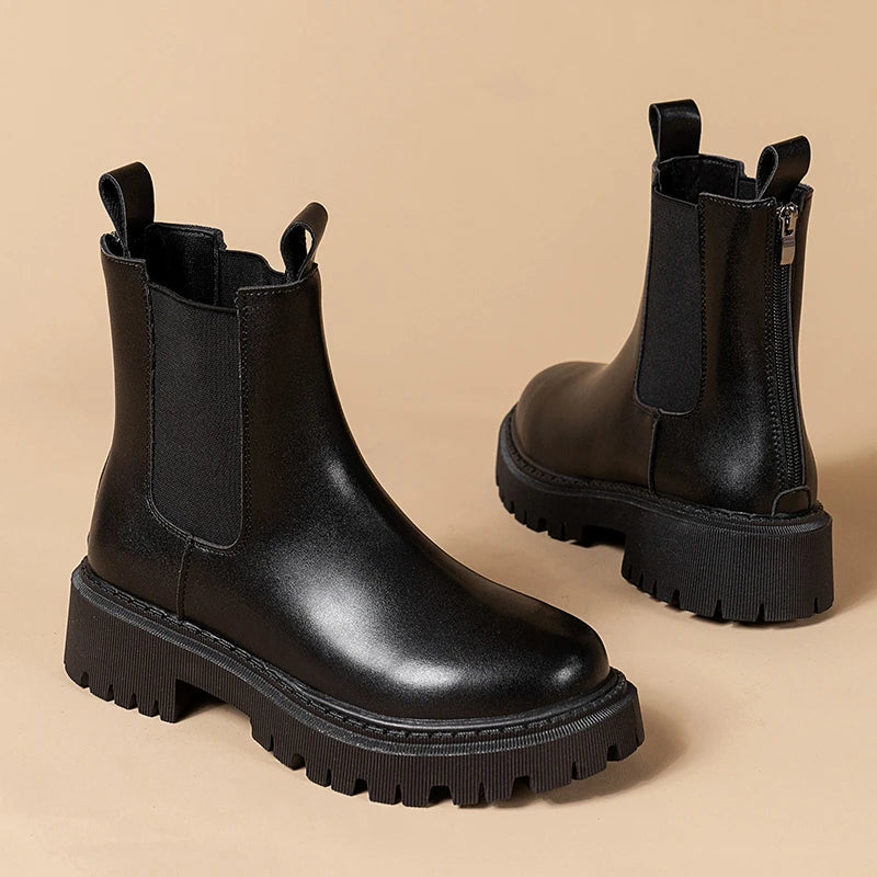 VexStep | Bottines Chelsea à plateforme antidérapantes en cuir pour femmes - Bottines imperméables et confortables