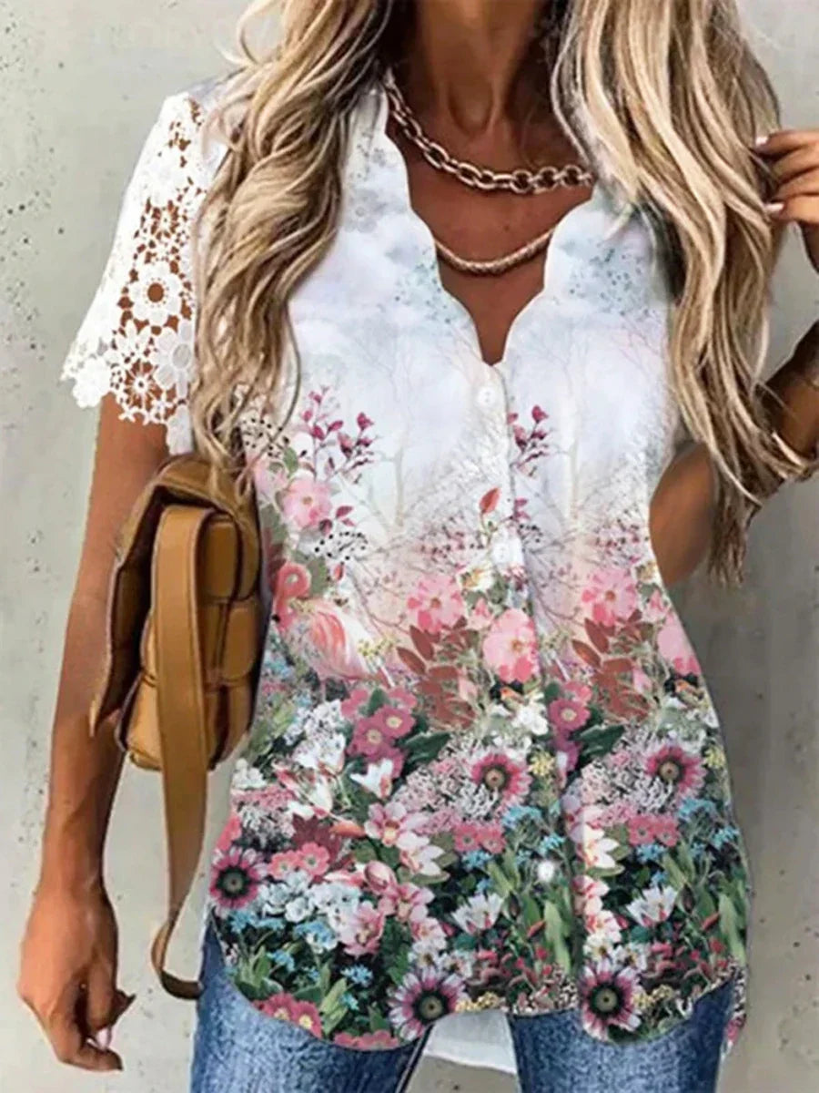 Qamira | Dames Bloemen Blouse met Knopen en Korte Mouwen – Casual Comfortabele