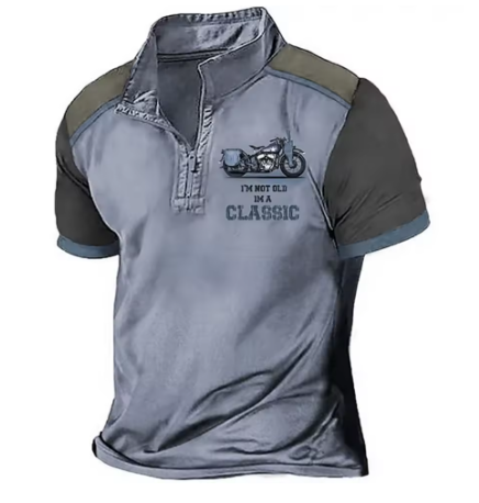 Elijah | Vintage motorpoloshirt voor heren – Casual slim-fit met halve rits, korte mouwen en retro print