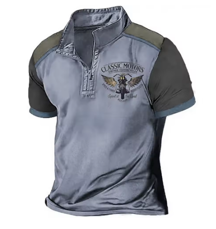 Elijah | Vintage motorpoloshirt voor heren – Casual slim-fit met halve rits, korte mouwen en retro print