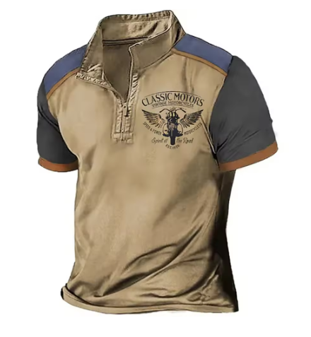 Elijah | Vintage motorpoloshirt voor heren – Casual slim-fit met halve rits, korte mouwen en retro print