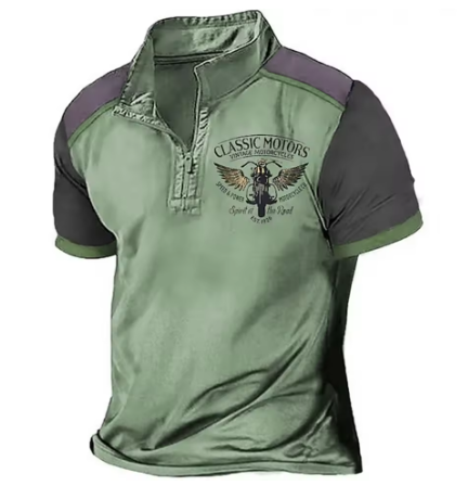 Elijah | Vintage motorpoloshirt voor heren – Casual slim-fit met halve rits, korte mouwen en retro print