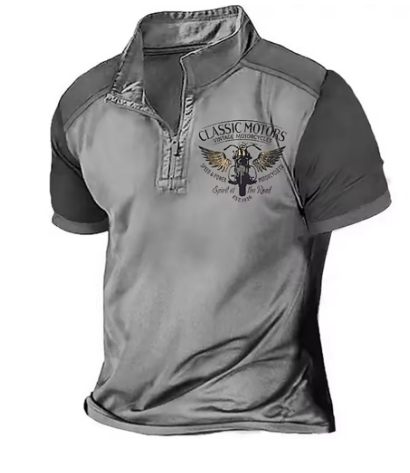 Elijah | Vintage motorpoloshirt voor heren – Casual slim-fit met halve rits, korte mouwen en retro print