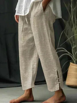 Jessina | Gestreepte broek met split voor dames – high-waist wide-leg broek met zakken