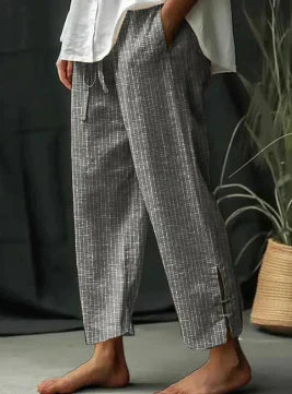 Jessina | Gestreepte broek met split voor dames – high-waist wide-leg broek met zakken