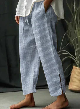 Jessina | Gestreepte broek met split voor dames – high-waist wide-leg broek met zakken
