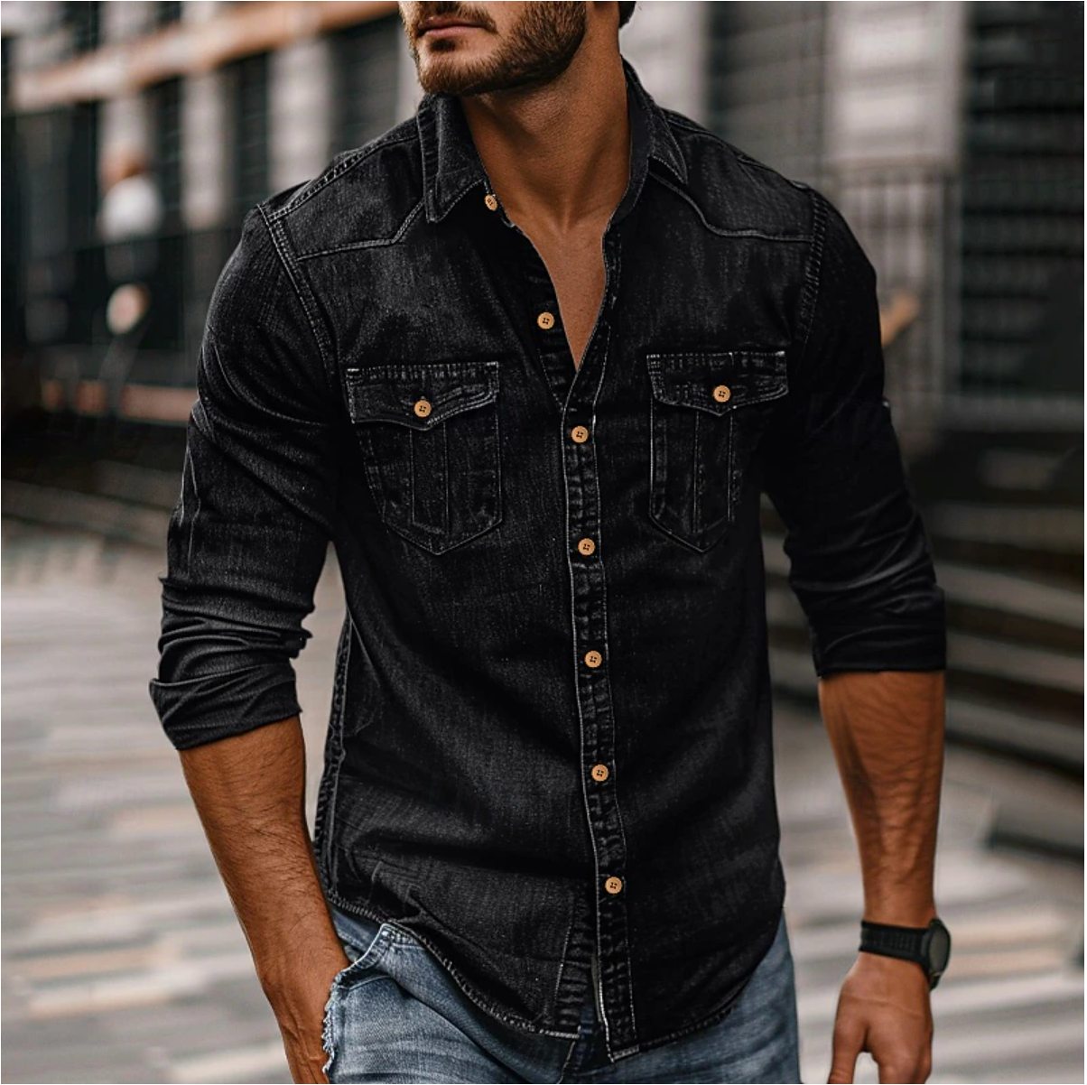 Rylric | Chemise en jean cintrée pour homme – Chemise structurée et décontractée, idéale pour l'automne
