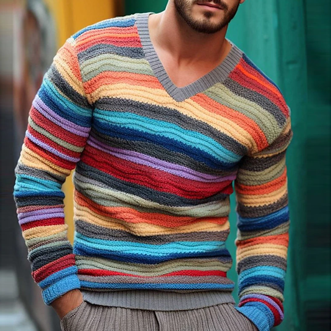 Aziel | Kleurrijke gestreepte gebreide trui voor heren – Trendy regenboogpullover