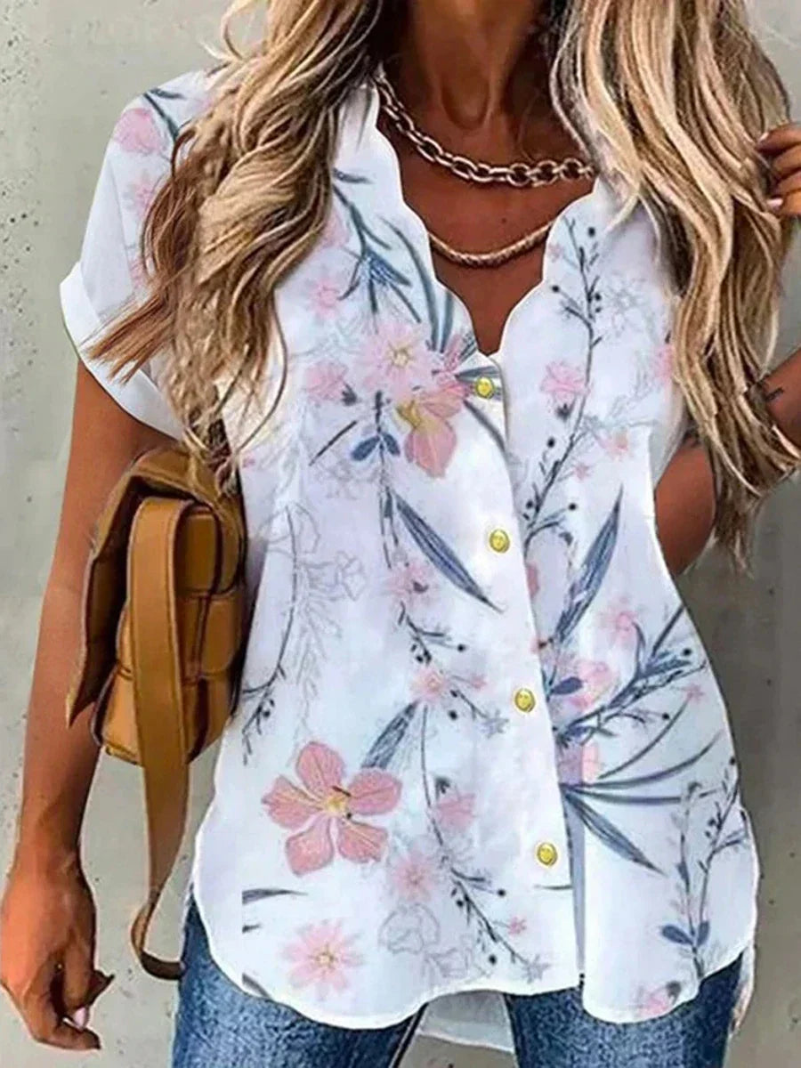 Qamira | Dames Bloemen Blouse met Knopen en Korte Mouwen – Casual Comfortabele