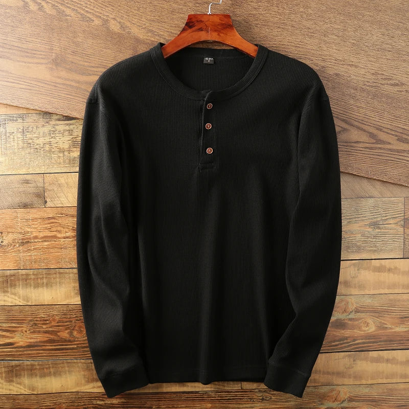Aleksander | Herren-Henley-Shirt mit langen Ärmeln – Waffelstrick, hochwertige Baumwollmischung