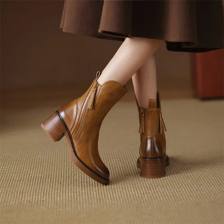 Zyella | Damen-Lederstiefel mit markantem Blockabsatz – seitlicher Reißverschluss, stilvolle, lässige und elegante Schuhe