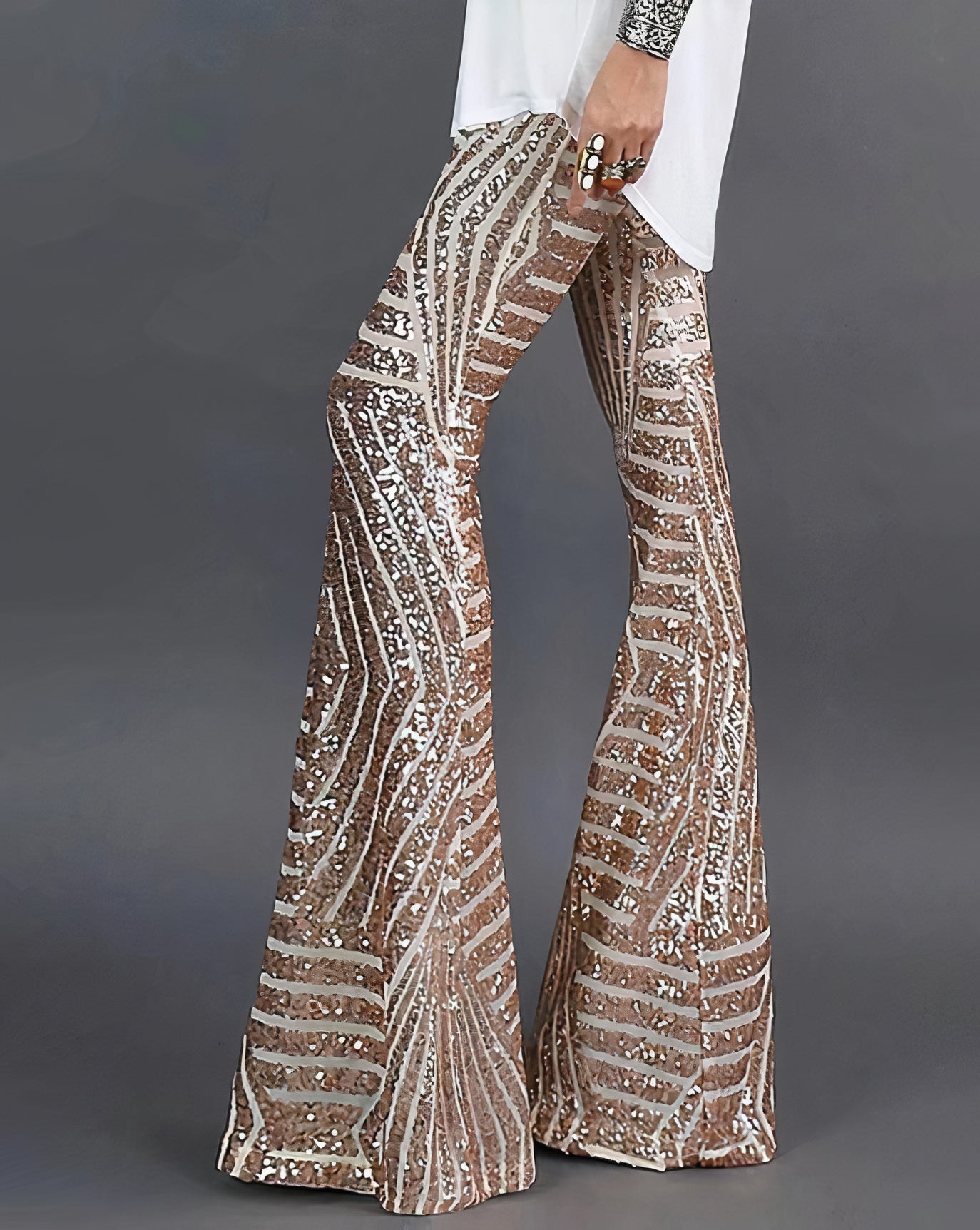 Yarael | Glitterbroek met wijde pijpen voor dames – Glanzende broek met hoge taille en wijde pijpen