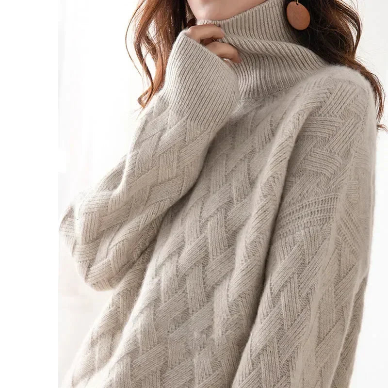 Belvra | Pull oversize en cachemire pour femme – Manches longues, col roulé, doux et chaud.