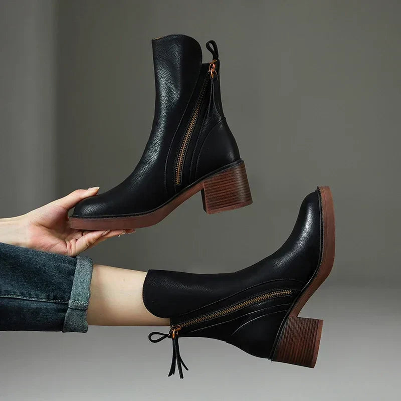 Zyella | Damen-Lederstiefel mit markantem Blockabsatz – seitlicher Reißverschluss, stilvolle, lässige und elegante Schuhe