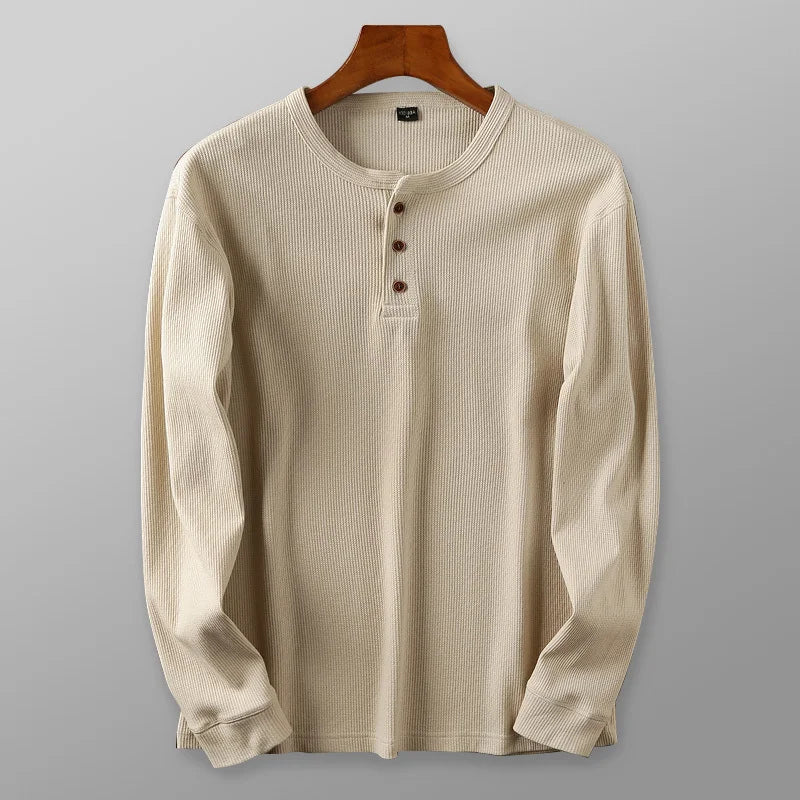 Aleksander | Herren-Henley-Shirt mit langen Ärmeln – Waffelstrick, hochwertige Baumwollmischung