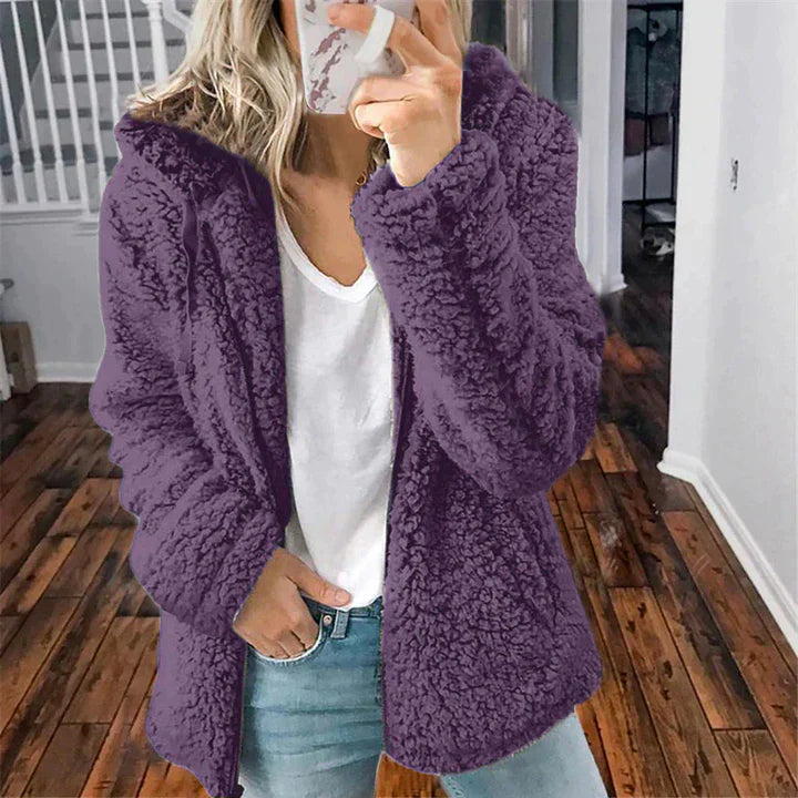 Novera | Manteau teddy chaud pour femme avec capuche – fermeture éclair intégrale, isolé, manteau d'hiver confortable