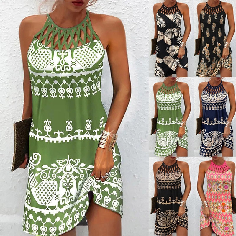 Preva | Dames zwierige jurk – geprinte halter elegante strand zomerjurk