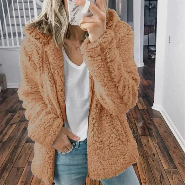 Novera | Manteau teddy chaud pour femme avec capuche – fermeture éclair intégrale, isolé, manteau d'hiver confortable