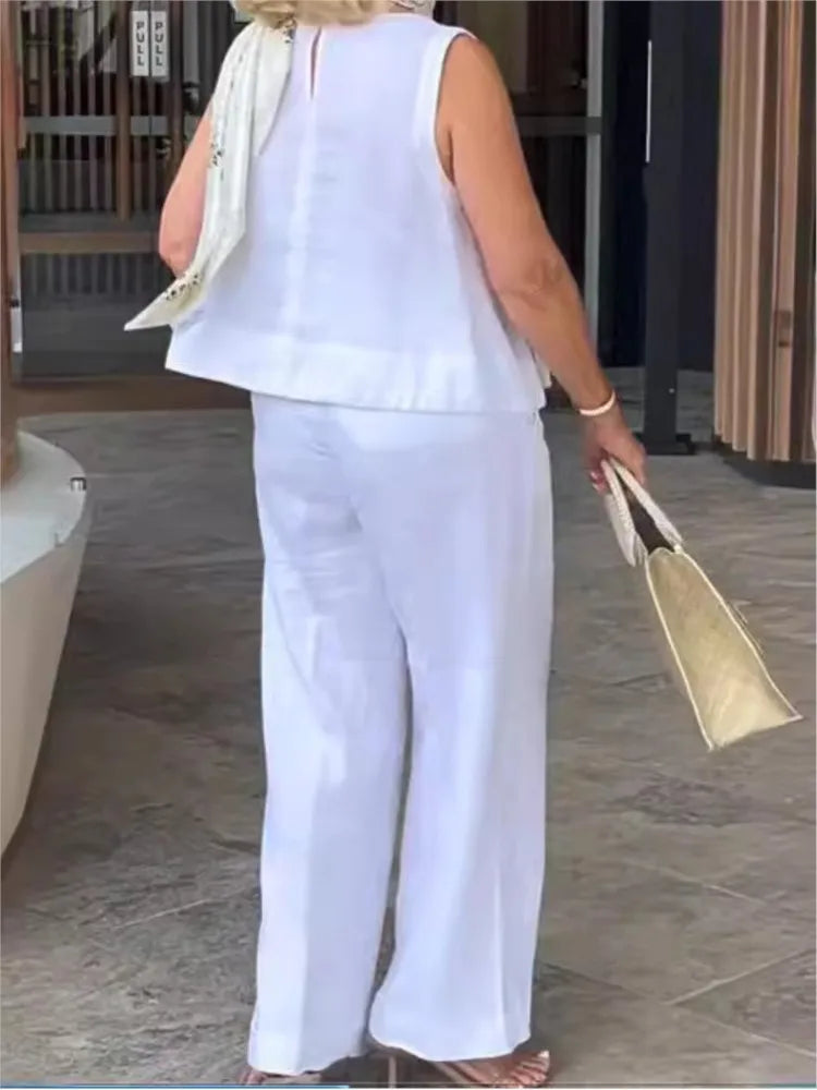 Asra | Katoen-linnen set voor dames – Casual top met losse pasvorm en broek met wijde pijpen