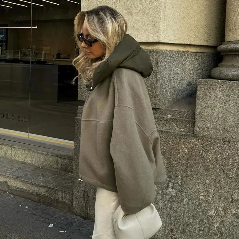 Avelle | Oversized-Kurzmantel für Damen mit warmer Kapuze, Wollmischung, lässiger Wintermantel