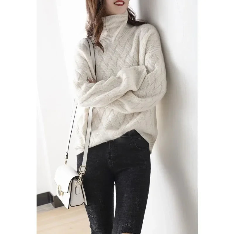 Belvra | Pull oversize en cachemire pour femme – Manches longues, col roulé, doux et chaud.