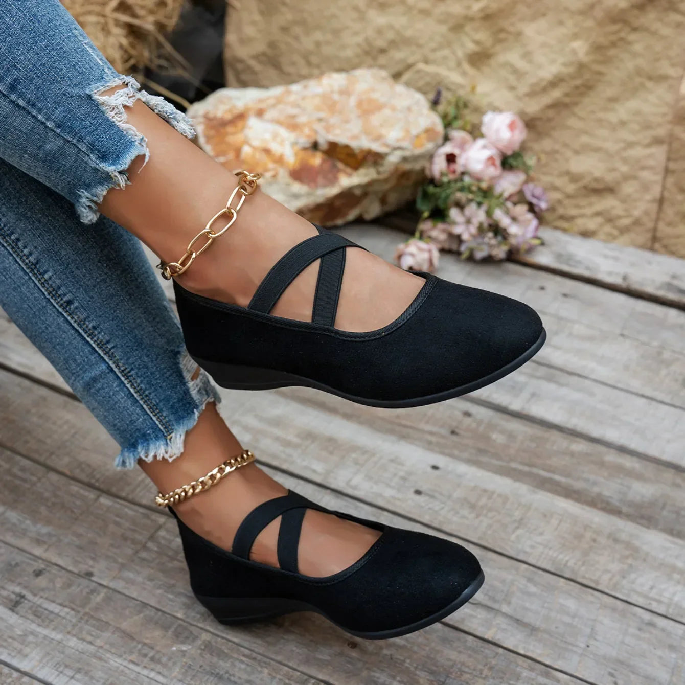 Eirene | Dames instappers met gekruiste band – Comfortabele gesloten ballerina’s met lage hak, nette schoenen