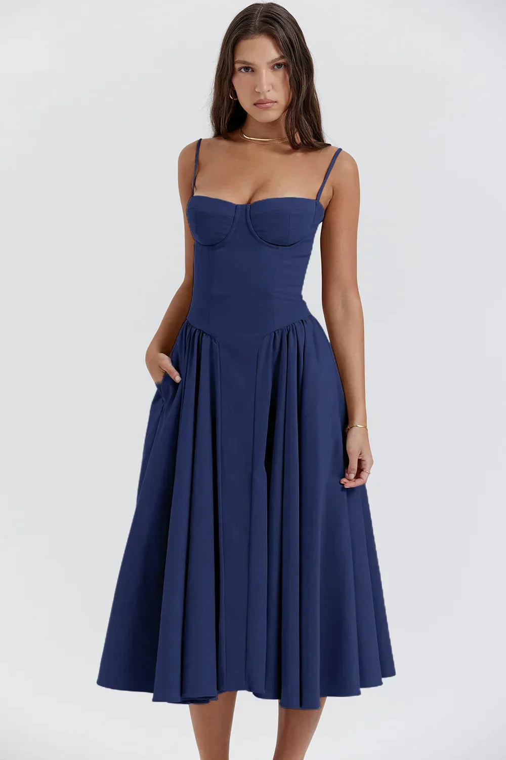 Isoria | Dames strapless geplooide midi-jurk – elegante A-lijn cocktailjurk